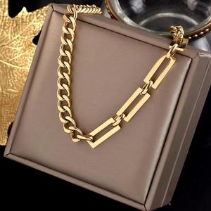 Hiphop dames 2-delige set vergulde paperclip ketting armband dikke roestvrijstalen Cuban link ketting collier sieradenset - Product Image 4