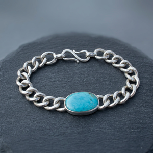 Classic 925 Silver Chain <b>Bracelet</b> With Turquoise Stone Bezel Set Unisex Everyday Wear - Product Image 1