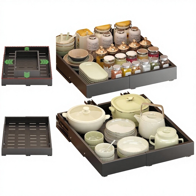 2 Pcs Metal Pull Sliding Drawers Expandable Width 11.8-19.4" Depth 16.45-21.7" 3 Rails No-Drill Adhesive Kitchen Pantry Storage