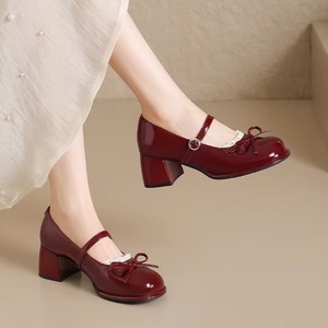 Elegantes Zapatos de Tacón Cuadrado de 3CM Estilo Coreano, Tipo Mary Jane, Color Rojo, con Lazo, para Boda, Nueva Colección Primavera 2026 - Product Image 3
