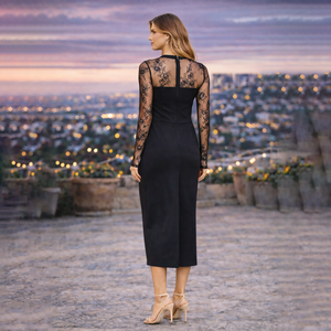 Abito Midi in Pizzo <span class=keywords><strong>Nero</strong></span> Personalizzato OEM ODM, Manica Lunga, Schiena Trasparente, <span class=keywords><strong>Spacco</strong></span> <span class=keywords><strong>Laterale</strong></span>, Abito da Sera per Donna, Produzione in Fabbrica - Product Image 3
