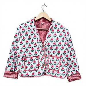 Handmade Cotton <b>Quilted</b> <b>Jacket</b> for Women Floral Print Red White Boho Short <b>Jacket</b> Ethnic Kantha Style Shrug with Pockets Button - Product Image 1