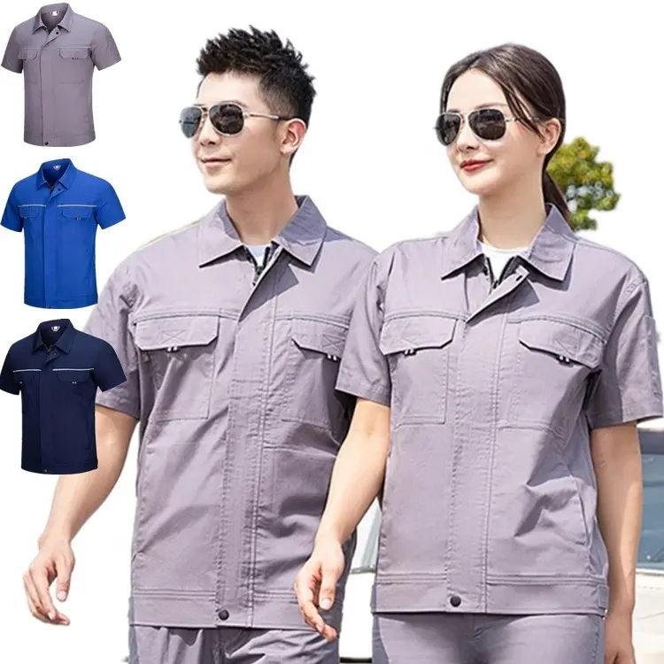 Kısa kollu atölye fabrika işçisi unisex iş tulumu fermuarlı ceket üst pantolon iş elbisesi tulum çalışma üniforması güvenlik takım elbise