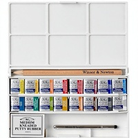 Bview Art Winsor & Newton Cotman – Kit complet de peinture aquarelle format poche avec papier, 16 demi-pans, pinceau, gomme et palette de mélange