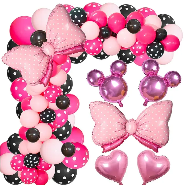 Mouse Pink Black Polka Dot Balloons Arch Garland Kit with Bow Foil Balloon for Kids Mouse Theme Birthday Baby Shower Decorations