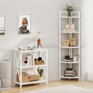 <strong>White</strong> Oak <strong>Corner</strong> Shelf with 5 Tiers, Modern Frame Combining Wood and Metal. Tall Angular Unit Serves As <strong>Bookcase</strong> and Plant Stand - Product Image 5
