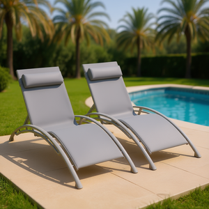 Ensemble de 2 chaises longues d'extérieur grises, inclinables et réglables, avec coussin amovible, pour piscine, plage, bain de soleil, pelouse, patio, meubles de jardin - Product Image 2