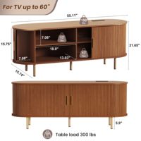 Meuble TV ovale en noyer de 55 pouces avec 2 prises de courant et ports USB, portes coulissantes cannelées, étagère réglable et 5 pieds dorés pour téléviseurs jusqu'à 60 pouces.