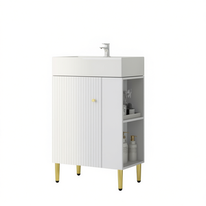 Meuble de salle de bain blanc avec lavabo en céramique simple, rangement côté droit, 23 pouces, armoire moderne minimaliste sur pied - Product Image 1