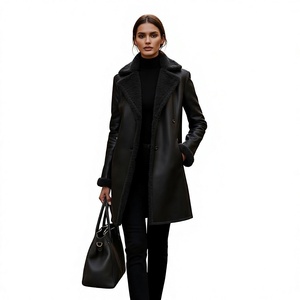 Chaqueta de mujer negra de piel sintética con forro de borrego, doble botonadura, cuello vuelto, forro de piel, estilo moto largo, cálida para invierno - Product Image 4