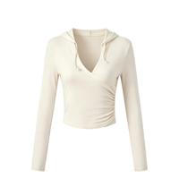 Haut de yoga pour femme, style vintage français, à capuche croisée, froncé, coupe courte et ajustée, en tissu mat, très extensible, respirant et à séchage rapide