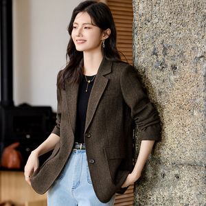 Women's <b>Brown</b> <b>Wool</b> Blazer Coffee Colored Solid Color Anti-Wrinkle Suit Jacket For Spring 2025 Elegant High End Mothers Commuters - Product Image 2