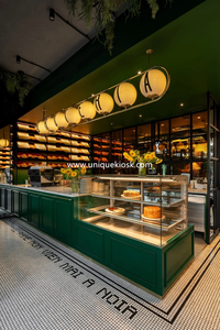 Muebles Personalizados para Panadería, Mostrador de Servicio con Tapa de Mármol, Vitrina de Vidrio, Estante de Madera, Juego de Asientos de Barra para Panadería o Cafetería - Product Image 2