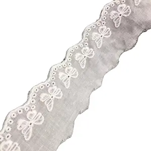 Vente en gros de tissu de broderie en coton de haute qualité, dentelle blanche, bordure en dentelle avec perles, motifs de broderie en dentelle pour vêtement