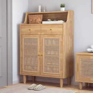 Nordic Solid Wood <b>Shoe</b> Cabinet With Rattan Doors For Entryway And Living Room <b>Storage</b> - Product Image 4