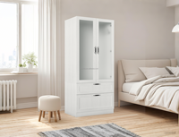 Armoire moderne blanche à 2 portes Armoire à 2 tiroirs Tige de suspension extensible Porte en MDF Meubles de chambre à coucher pour la maison Appartement Hôtel Villa