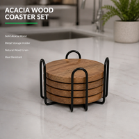 Ensemble de sous-verres en bois d'acacia de qualité supérieure, sous-verres ronds en BAMBOU naturel pour café et thé avec support en métal noir