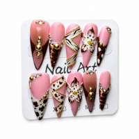TSZS 10 pièces Faux ongles à presser longs imprimé léopard faits main, de luxe, avec fleurs 3D marron et perles dorées décorées, réutilisables
