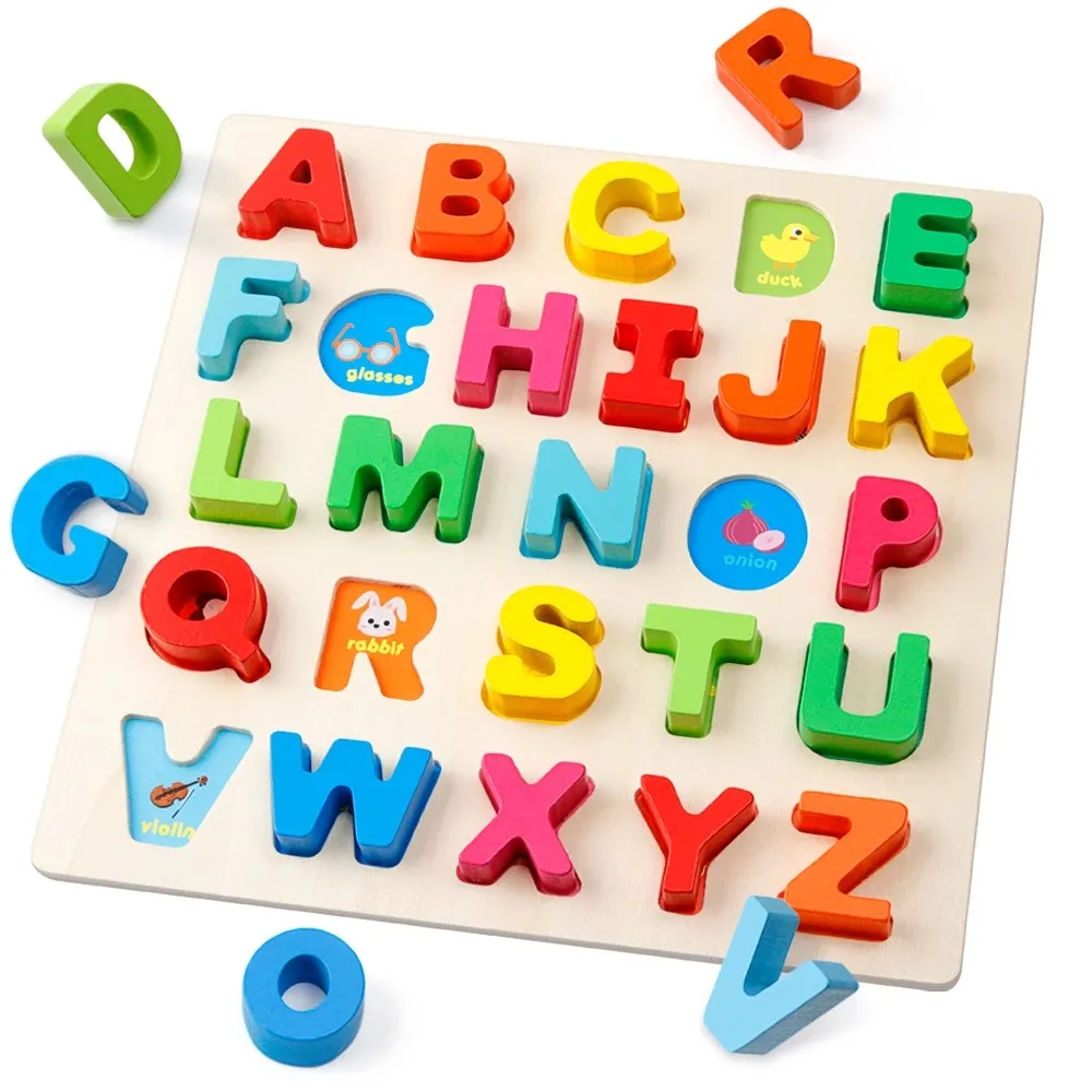 Ahşap alfabe bulmaca harfler delikli pano sıralama ABC eşleştirme oyunu kelimeler eğitici oyuncak hediye yürümeye başlayan bebek çocuklar için
