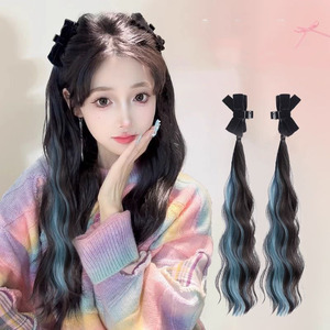 2 Pièces Extensions de Cheveux Double Queue de Cheval à Clipser Style Nœud, <span class=keywords><strong>Postiche</strong></span> Ondulé Ombré Rose pour Cosplay et Accessoires Capillaires Streetwear - Product Image 3
