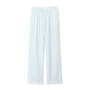 Calças compridas para mulheres com estampa listrada de cor azul branco cintura elástica moda casual