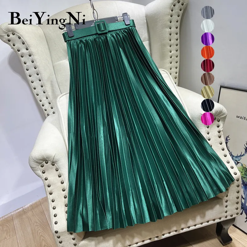 Dropshipping Summer Women's Midi Pleated Skirts Belt Satin Vintage Elastic High Waist Plain Skirt Lining Korean A-line Skirt