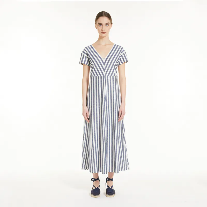 Manufacturer Summer Stripe V Neck Side Maxi Slit 100% Linen Dress From Italy Ethiopian Zim Dress