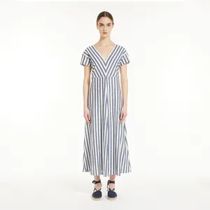 Manufacturer Summer Stripe V Neck Side Maxi Slit 100% Linen Dress From Italy Ethiopian Zim Dress