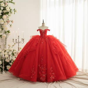 Robe de bal rouge en mousseline de soie pour Quinceañera, avec appliques, décolleté cœur, traîne Watteau, pour fêtes d'anniversaire de 15/16 ans, dentelle et perles - Product Image 1