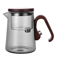 Teko Teh Kaca Pemisah Air Magnetik, Gagang Motif Kayu, Kaca Borosilikat Tinggi, Teko Infuser dengan Filter Satu Tombol untuk Teh Daun