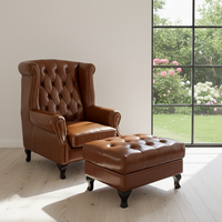Fauteuil de loisirs américain Chesterfield en cuir rétro, fauteuil rembourré, fauteuil individuel et pouf pour salon
