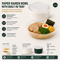 Bol à ramen en papier kraft écologique avec plateau intérieur, récipient jetable pour nouilles, soupe, udon, soba à emporter