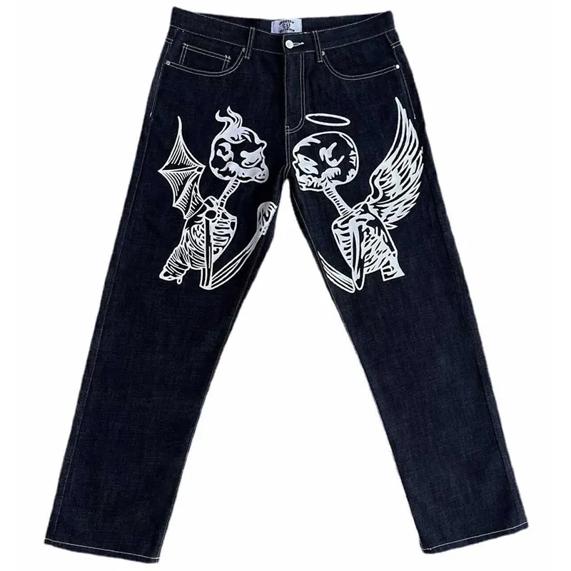 Xiaoxitte Silk Screen Print Skull Pants Fashion New Man Black Jeans Slim Fitting Street Style Tapered Jeans For Men