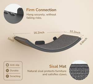 Lit en sisal gris incurvé avec 2 marches flottantes Étagère d'escalade murale en bois pour chat Meubles de tour murale pour chat qui dort - Product Image 4