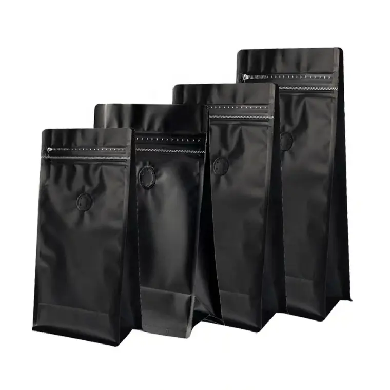 Matte Black 100グラム250グラム500グラム1キロFlat Bottom Coffee Packaging BagとDegassing Valve