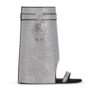 Anmairon bling bling strass designer tornozelo mulheres botas dedo aberto cunha calcanhar botas