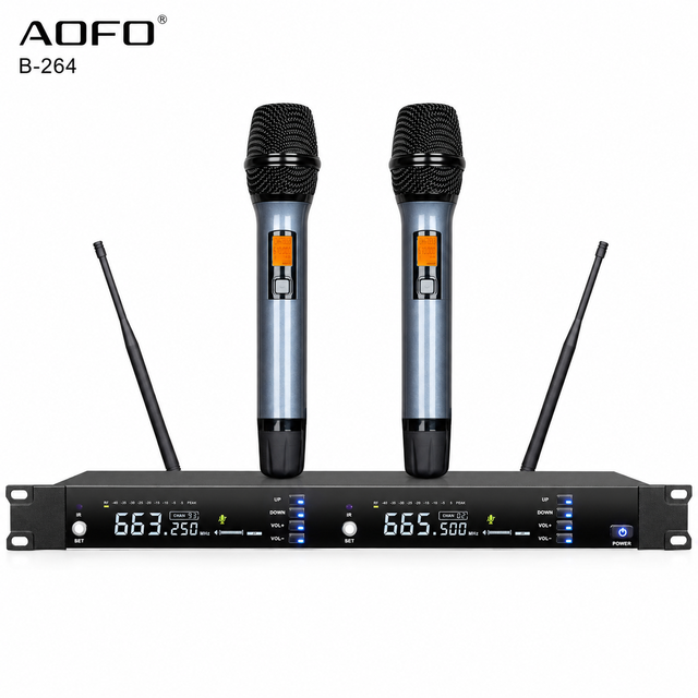 AOFO B-264 Professional UHF Wireless Microphone System Dual Handheld 200 Channels IR Sync Bluetooth USB for KTV Stage Events