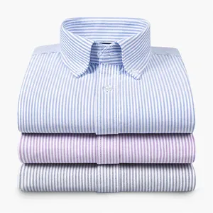 Pria Oxford Katun Slim Strip Pakaian Pria Nyaman Pakaian Pria Kemeja