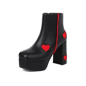 Bottines à motif en forme de cœur pour femmes, plateforme, bout carré, talon épais, bottes d'hiver à fermeture éclair, grande taille 43 - Product Image 6