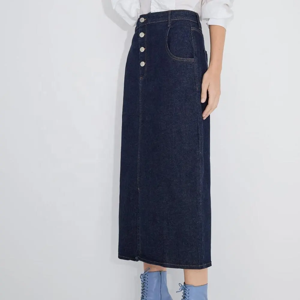 Directly factory price dark blue women button front long soft denim skirts