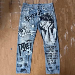 Pantalones Vaqueros Ajustados de Mezclilla Vintage de Moda para Hombre, con Estampado de Letras Personalizado, Estilo Casual Urbano, Lavado Ácido, Lavado a la Piedra, Ligeros - Product Image 1