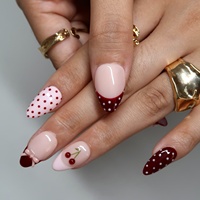 Offre Spéciale – Faux Ongles Amande 3D en Acrylique Rouge Vin Doux avec Nœud Cerise à Pois Français – Vente en Gros, Personnalisables, Faits Main, pour Usage Quotidien ou Rendez-vous