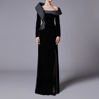 ZHYT 73465 une épaule Satin asymétrique épaule à manches longues noir soirée haute fente Maxi parole longueur fête robe de bal