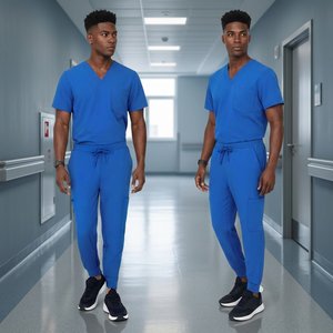Custom Manufacturer Royal <b>Blue</b> Men <b>Scrub</b> Set V Neck Short Sleeve Hospital Uniform Stretch Nursing Workwear Dental Clinic - Product Image 2