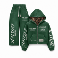 Ensemble survêtement streetwear personnalisé 100 % coton, coupe oversize, délavé à l'acide, avec fermeture éclair et strass, pantalon de survêtement et sweat à capuche effet vieilli vintage pour homme