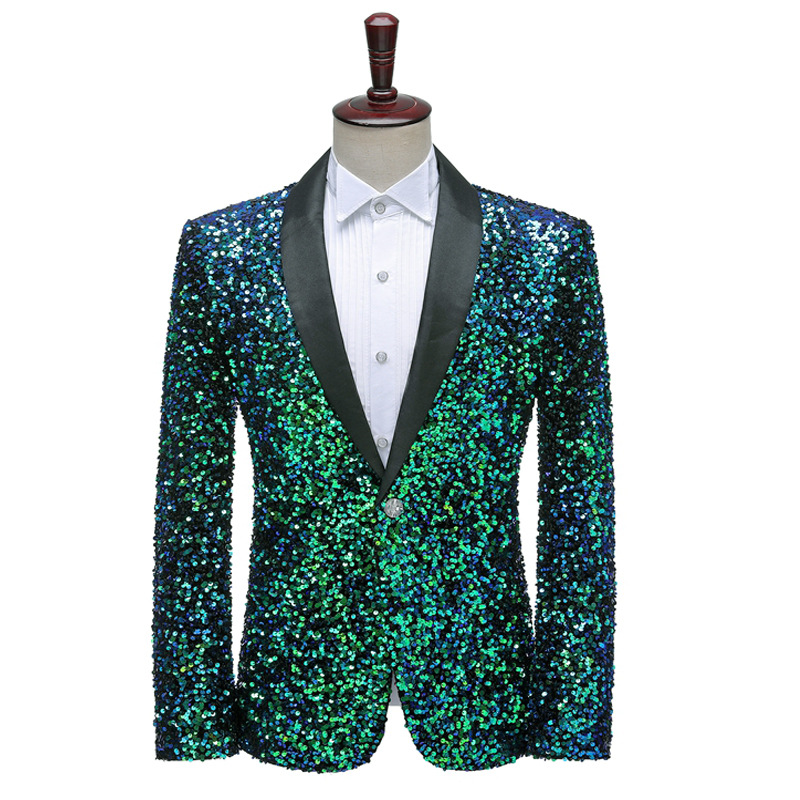 Sonbahar bahar sequins erkek rahat parti düğün uzun kollu baskı çiçek Suit ceket Blazers tek düğme Slim Fit erkekler