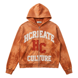 Hoodie zippé unisexe en coton éponge brodé de strass, lavage vintage, style streetwear, référence 6722 OEM/ODM - Product Image 1