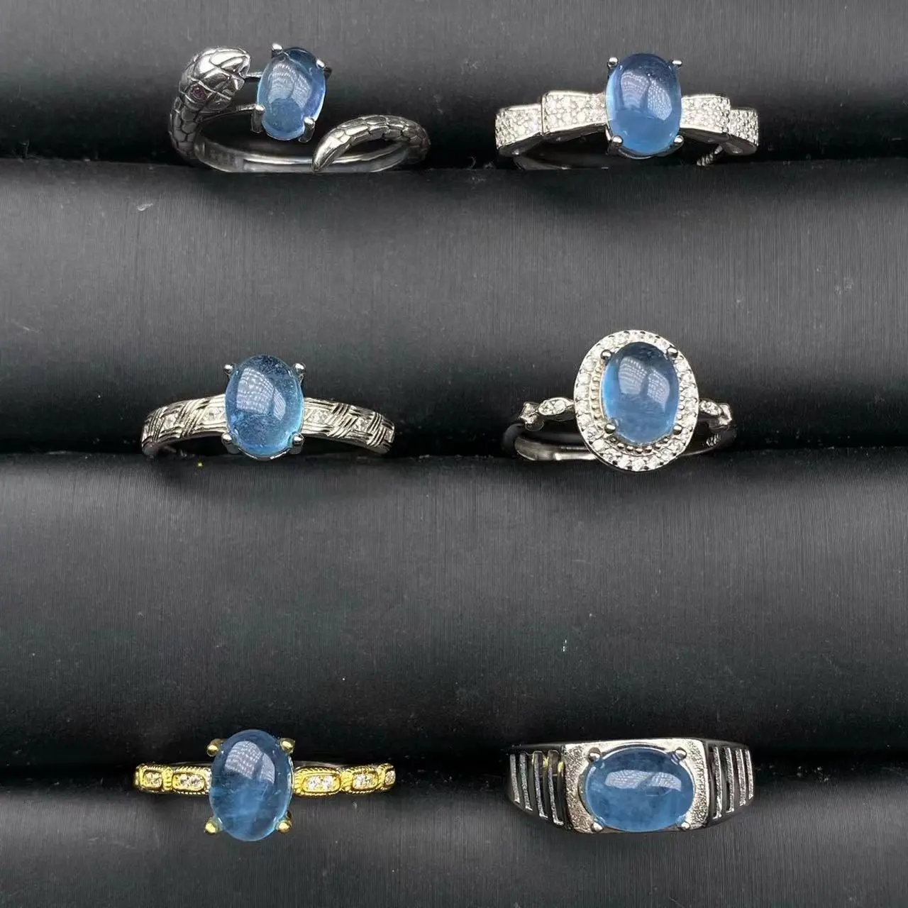 Precio al por mayor, joyería de moda, piedra preciosa aguamarina natural hecha a mano, anillos de banda de serpiente de plata de ley 925 para mujer