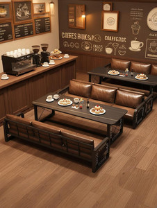 Juego de Mesa de Centro y Sofá de Cuero PU con Estructura Metálica Estilo Industrial Vintage para Cafetería, <span class=keywords><strong>Bar</strong></span>, Salón, Color Marrón <span class=keywords><strong>Retro</strong></span> - Product Image 1