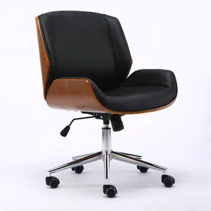 Modern Luxury Mid Back Bentwood Plywood seat Leather Wooden Executive Conference Visitor Home Office Chair